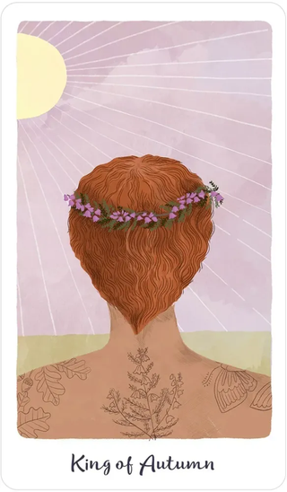 Card featuring a person with tattoos and a flower crown, titled 'King of Autumn'.