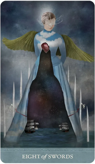 Card from a tarot deck featuring an angelic figure with wings, standing in water with candles in the background.