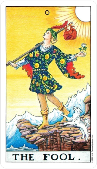Tarot card featuring 'The Fool' with a person standing on a rock, holding a lantern and a flower, against a yellow background.