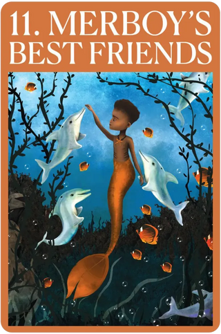 Book cover of 'Merboy's Best Friends' with a merman and dolphins underwater.