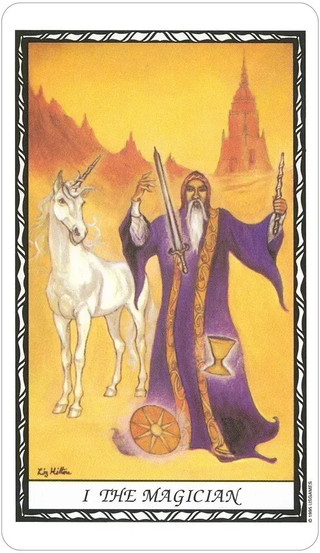Tarot card featuring a wizard with a sword and a unicorn on a yellow background