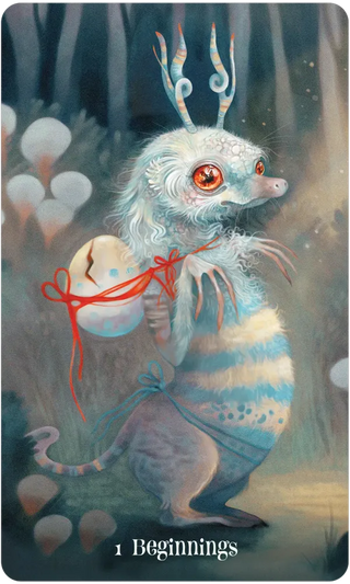 Fantasy creature holding a red ribbon with '1 Beginnings' text in a mystical forest setting