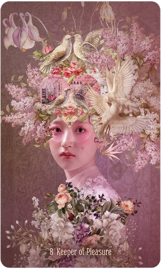 Card with a stylized illustration of a woman's face surrounded by flowers and doves on a purple background.