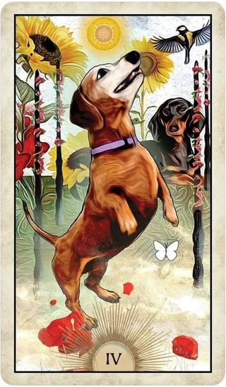 Card featuring two dachshunds among flowers and a bird, with a number 'IV' at the bottom.