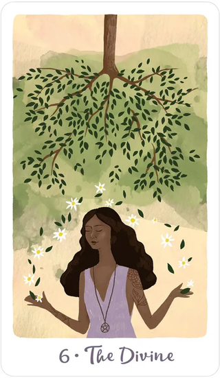 Illustration of a woman with a tree and flowers, labeled '6 The Divine'.