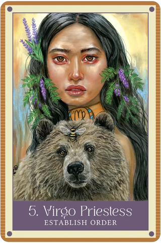 Tarot card featuring a woman with bear and lavender, labeled '5. Virgo Priestess'.