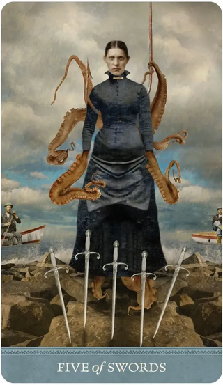 Card featuring a woman with octopus tentacles and swords on a rocky landscape
