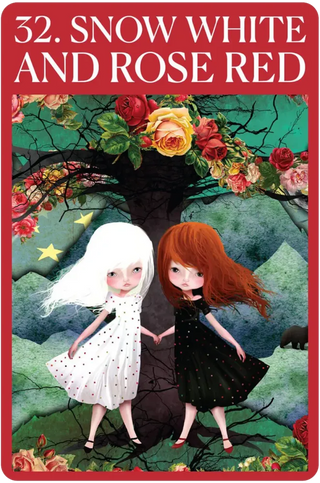 Illustration of Snow White and Rose Red standing under a tree with flowers, on a card titled '32. Snow White and Rose Red'.
