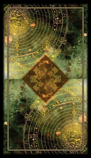 Vintage-style tarot card with astrological symbols and geometric designs.