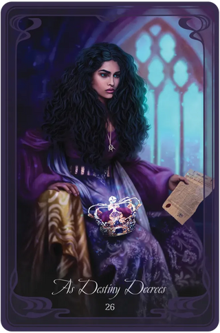 Tarot card with a woman in a purple outfit holding a book and a crown, set against a gothic background.