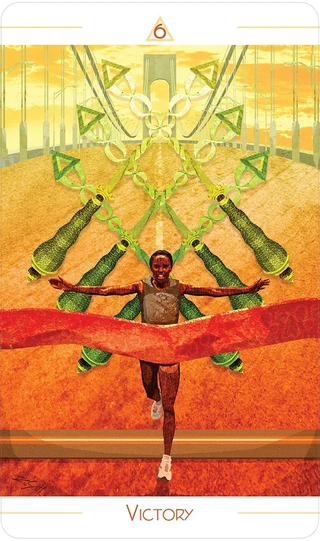 Card titled 'Victory' featuring a person with outstretched arms against a geometric background