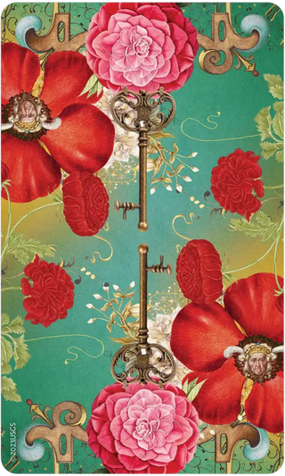 Decorative card with red and pink flowers and vintage keys on a green background