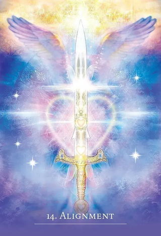 Sacred sword with angel wings and celestial background, labeled '14. Alignment'.