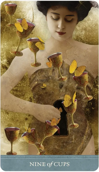 Card featuring a woman with butterfly-like cups and text 'Nine of Cups' on a textured background