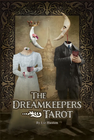 Book cover of 'The Dreamkeepers Tarot' with a decorative border and two figures holding tarot cards.