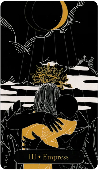Card featuring an illustration of a woman hugging a child with a moon and tree in the background, labeled 'Empress'.