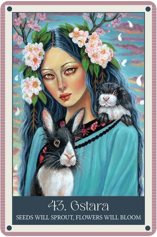 Artistic depiction of a woman with rabbits and flowers, with text '43. Gstara Seeds Will Sprout, Flowers Will Bloom' on a colorful background.