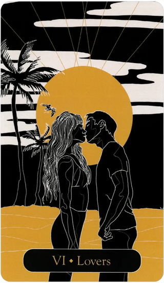 Illustration of a couple kissing with palm trees and a sunset in the background, labeled 'VI Lovers'.
