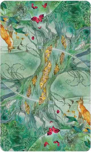 Fantasy scene with foxes, butterflies, and trees on a green background