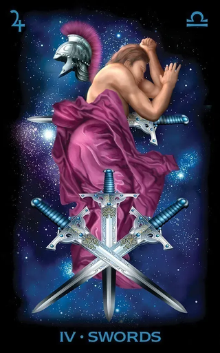 Tarot card with a figure in a pink robe holding crossed swords against a starry background