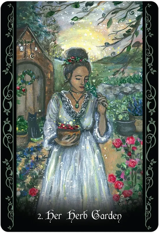 Card featuring a woman in a garden with herbs and flowers, titled 'Her Herb Garden'.