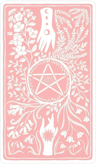 Decorative card with white symbols and nature elements on a pink background