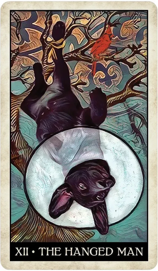 Tarot card featuring 'The Hanged Man' with a black dog hanging from a branch.