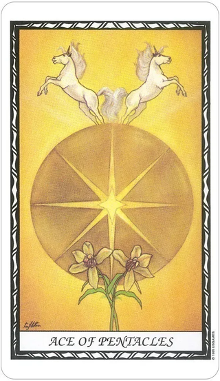 Ace of Pentacles tarot card with two white horses and a star symbol on a yellow background