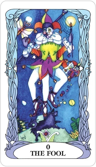 Colorful tarot card featuring 'The Fool' with a jester-like figure against a blue background.