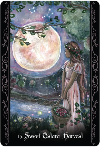 Fairy holding a basket under a moonlit sky with trees and flowers.