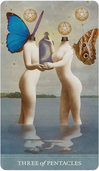 Card titled 'Three of Pentacles' featuring two nude figures holding a bottle, surrounded by butterflies and pentacle symbols.