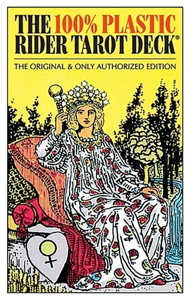 The image features the cover of the book "The 100% Plastic Rider Tarot Deck," which showcases a colorful and intricately designed tarot card deck. The cover illustrates a figure seated on a throne, adorned with a floral crown and a flowing white robe, set against a vibrant background filled with lush trees and a bright, circular motif.