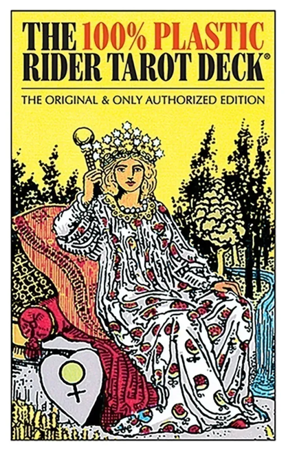 The image features the cover of the book "The 100% Plastic Rider Tarot Deck," which showcases a colorful and intricately designed tarot card deck. The cover illustrates a figure seated on a throne, adorned with a floral crown and a flowing white robe, set against a vibrant background filled with lush trees and a bright, circular motif.