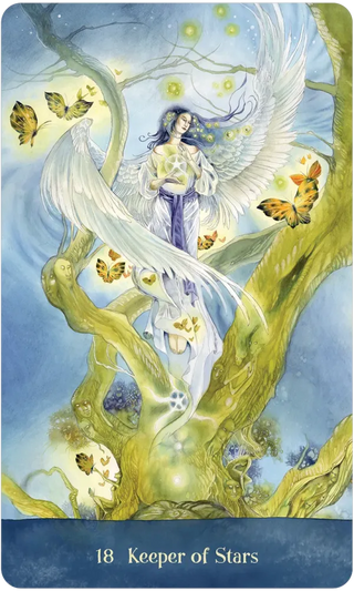 Card featuring an angel with butterflies and swirling tree design, labeled '18 Keeper of Stars'.