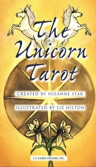 Unicorn Tarot box cover featuring two white unicorns rearing above a golden compass-like symbol, with floral details below and the title ‘The Unicorn Tarot,’ illustrated in warm yellow and gold tones.