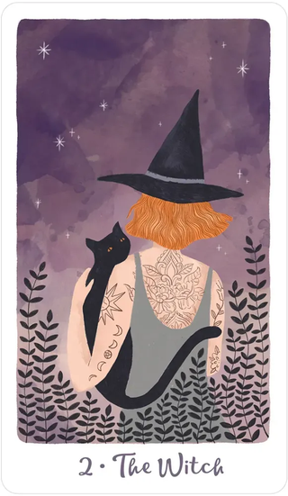 Illustration of a witch with a black cat on a purple background