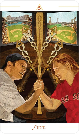 Two people arm wrestling with a baseball bat between them, set against a sports stadium background.