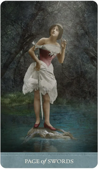 Vintage-style tarot card featuring a woman in a white dress standing on a rock with a dark forest background.