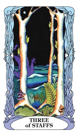 Card titled 'Three of Staves' with a fantasy design featuring trees and nature elements.