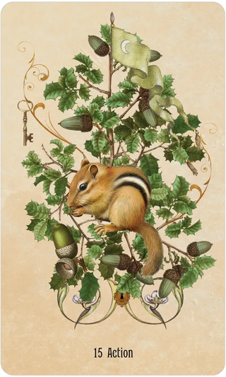 Vintage-style card with a chipmunk on a branch surrounded by leaves and acorns.