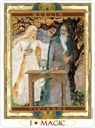 Card featuring two figures, Merlin and Vivianne, with a decorative border and 'I ❤️ Magic' text.