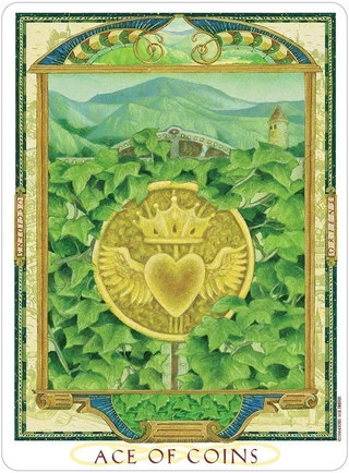 Card featuring a gold coin with a heart and wings emblem, surrounded by green leaves and mountains.