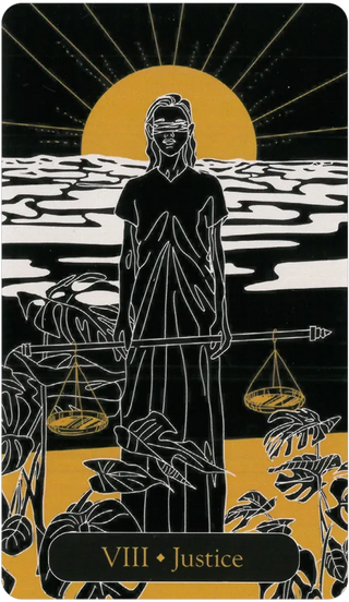 Tarot card featuring a figure with blindfold and scales, set against a stylized landscape with moon and stars.