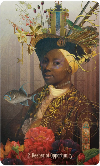 Artistic depiction of a person with intricate headpiece and floral elements, labeled '2 Keeper of Opportunity'.