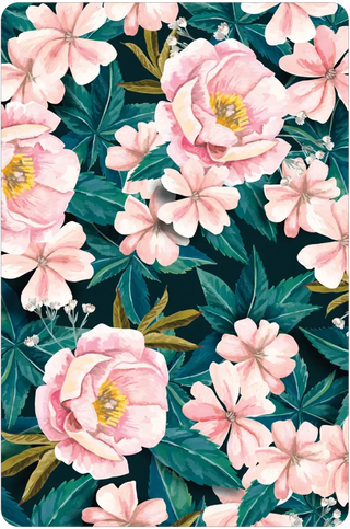 Floral pattern with pink flowers and green leaves on a dark background