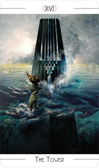Tarot card titled 'The Tower' with a figure standing on a wave and a tall, dark tower emerging from water.