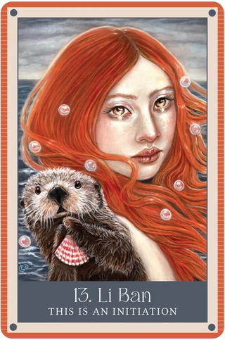 Illustration of a woman with red hair and an otter, with text '13. Li Ban This is an Initiation' on a blue background.