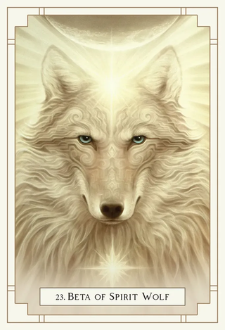 Illustration of a white wolf with glowing eyes on a beige background, labeled '23. Beta of Spirit Wolf'.