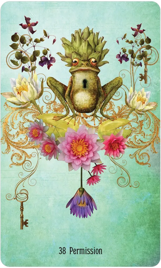 Frog with floral decorations and key on a light blue background