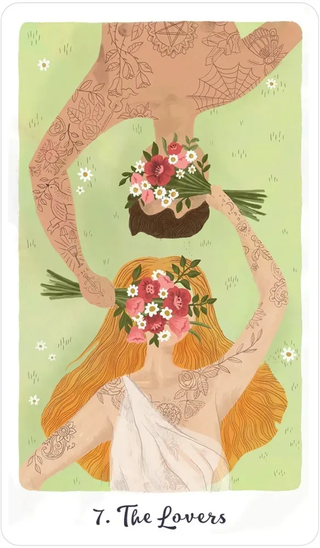 Illustration of a woman with flowers and tattoos, titled 'The Lovers', on a green background.